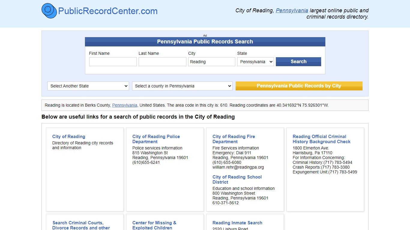 Reading, Pennsylvania Public Records and Criminal Background Check